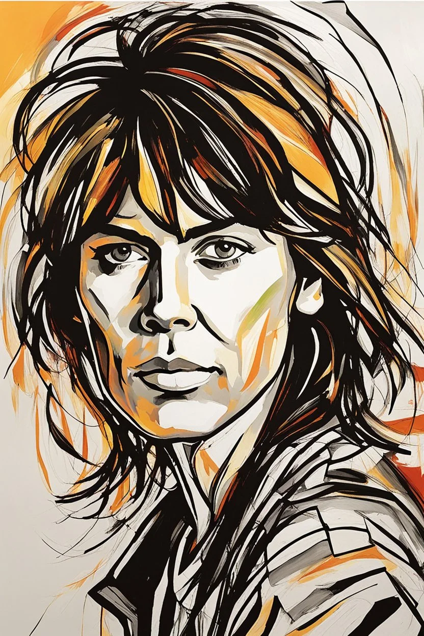 create an abstract portrait of Chrissie Hynde in the fauvist, expressionist art style of Oskar Kokoschka, Andre Derain , and Georges Rouault, highly detailed facial features, 4k with inking in the style of Joe Benitez