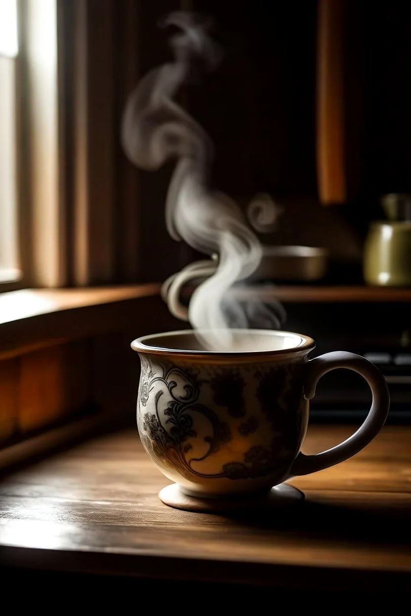 A steaming cup of tea, with swirling patterns of steam rising from the surface, set against a backdrop of a cozy, rustic kitchen.