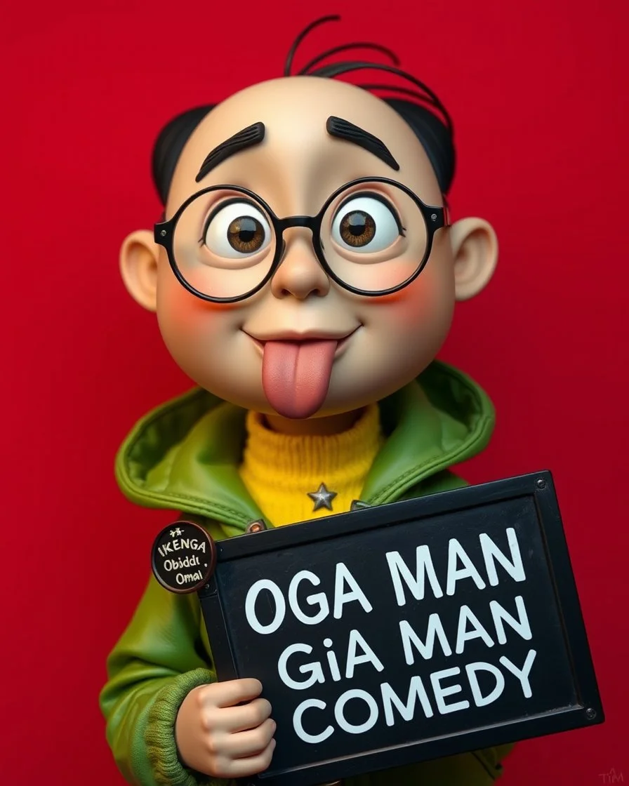 A nimated character with a round face, prominent eyes, and a small, protruding tongue. He is wearing glasses, a green jacket with a yellow collar, and a badge on his jacket that reads 'IKENGA Obodo Oma!'. He holds a black signboard with white text that reads 'OGA MAN COMEDY'. The character is positioned against a red background.