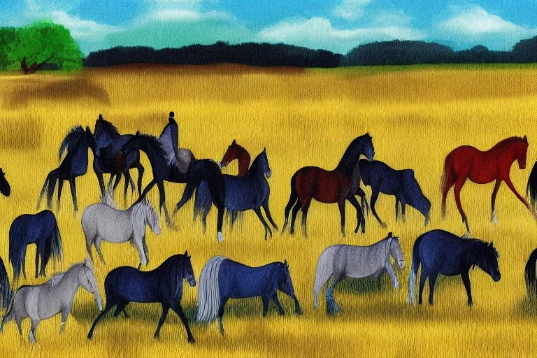 illustration horses of different colors in a field from afar