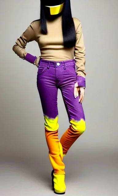 Photo of Asa akira. Camouflage colors are terracotta, cream and purple, lilac and Cream latex, imperial yellow, red plum. Baggy jeans! plant print.European daft punk woman. Mantle is sewed of recycled Denim and sewed together of recycled polymer felt. lace, Yellow(Munsell) areas. hint of orange as effect color!!Big bright purple/khaki felt tippet and cream or blue or lilac colored-hood. mantle is merged with satchel. . AKG-style headphones (gold rings!) is merged with felt cap, cyan small visor.