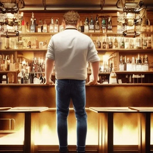 large broad shoulder man wearing a white shirt, big belly, messy blonde hair, standing in a bar, illumination, brilliant coloring, smooth, sharp focus, crispy quality, vray; Artstation; HD, HDR, SF, CGSociety, 16k, photorealistic, unreal engine