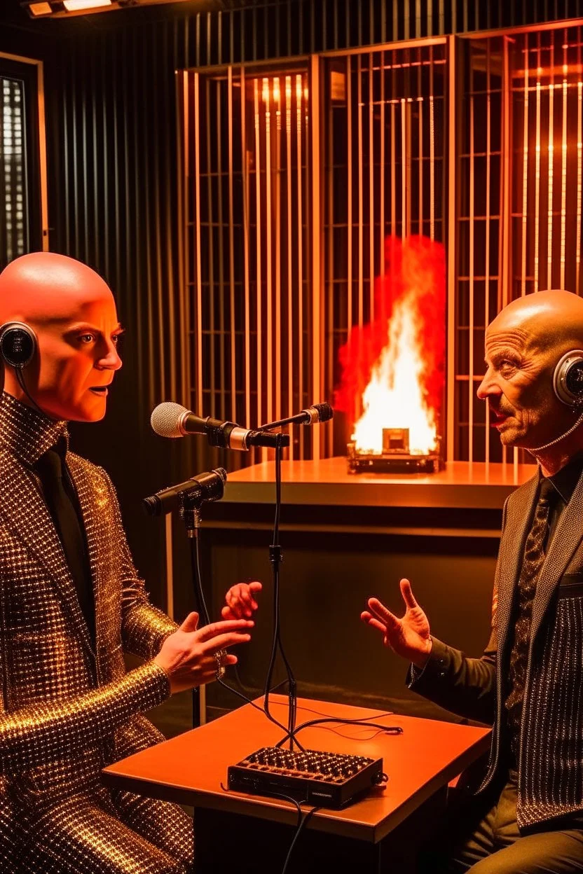 Two radio hosts are face to face in a burning radio studio. The host on the left is a bald human metal fan. The host on the right is a ridiculous robot.