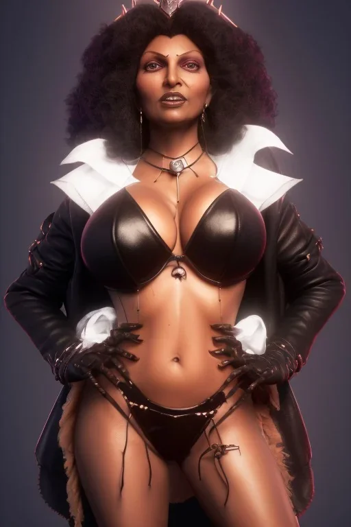 Pam Grier as evil queen in black leather, leather, busty, cleavage, angry, stern look. character design by cory loftis, fenghua zhong, ryohei hase, ismail inceoglu and ruan jia. unreal engine 5, artistic lighting, highly detailed, photorealistic, fantasy