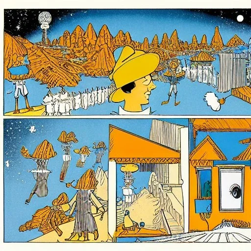 Village in the cosmos in Winsor McCay style and dr seuss style