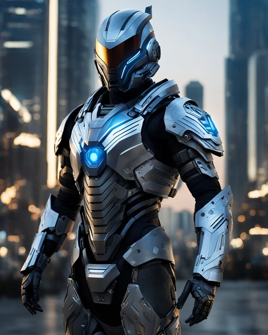 Create an image of a character in a highly detailed and advanced armored suit, similar to the one shown but with even more intricate designs and cool features. The armor should have a sleek, futuristic look with glowing elements and enhanced gadgets visible on the suit. The setting is at dusk in an urban environment, with the character standing on a high-rise building overlooking a cityscape that reflects the advanced technology of the world they are protecting.