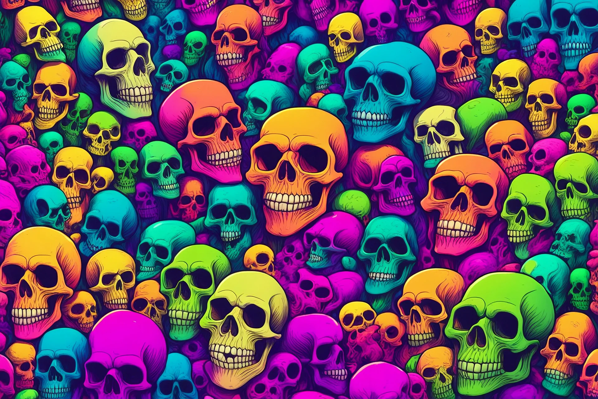 a field of 1000s of cartoonish, anatomically correct, skulls, vivid RANDOM BRIGHT neon colors, dark comedy, well lit, high detail, photorealistic, horrorcore, fun, scary, none featured, each a different color or hue,