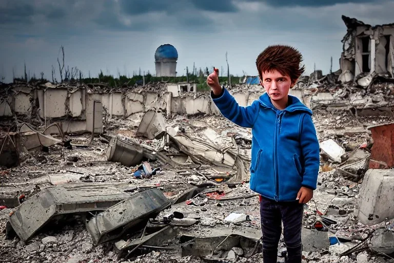 portrait of unkempt child ukranian war refugee waving a NATO flag amidst rubble and ruins with nuclear explosion in the background