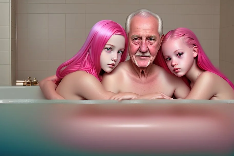 digital art of beautiful young pink hair teenage girls with dad in the bedroom in a bathtub with grandpa hugging bare lips