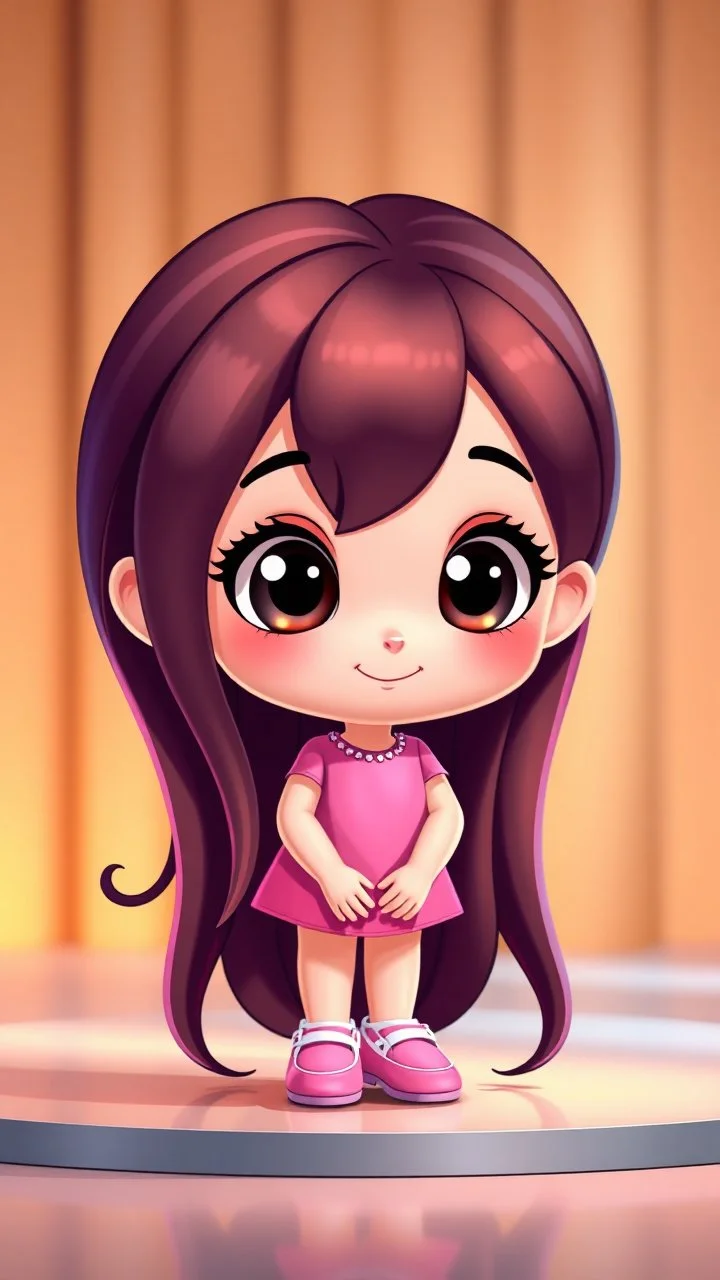 A beautiful, adorable cartoon little girl. Long shiny hair, large sparkling eyes (like anime or Disney characters), a small face and delicate nose. A happy, innocent expression with a small smile standing in modern stage with prettyy shoes. Clean design, vibrant and warm colors, modern studio animation style, 4K quality.