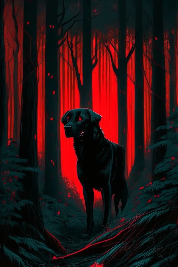 in the style of William Adolphe Bouguereau, a monstrous black dog with red, glowing eyes in a dark forest