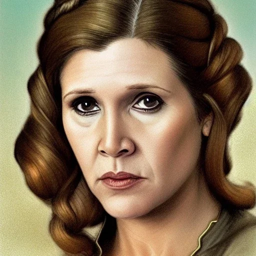 [[Carrie Fisher as Princess Leia]] :: [[sharp brown eyes, short hair, head and shoulders portrait, 8k resolution concept art portrait by Greg Rutkowski, Artgerm, WLOP, Alphonse Mucha, dynamic lighting, hyperdetailed, intricately detailed, trending on Artstation, triadic colors, Unreal Engine 5, volumetric lighting]]