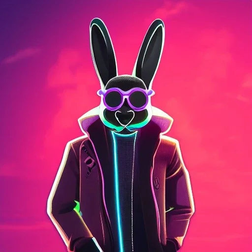 stylized Rabbit, smiling, cyberpunk headphone, sunglass, gangsta gold neckless, full body, magenta puffer jacket, manila city backdrop, dramatic lighting, hyper realistic, unreal engine 5, 16k
