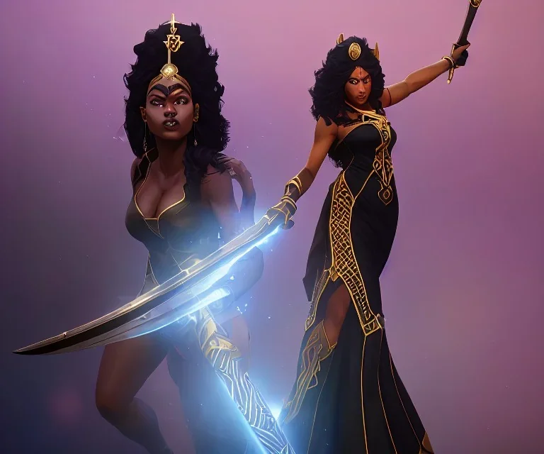 Running and holding a sword. A beautiful curvaceous black woman with long straight curly black hair, wearing a gold crown, and a gold intricate detail gown, yoruba culture, orixa, magical, ethereal, gown, sharp lighting, cimematic lighting, misty. Painting, high quality, Ultra quality 8k.