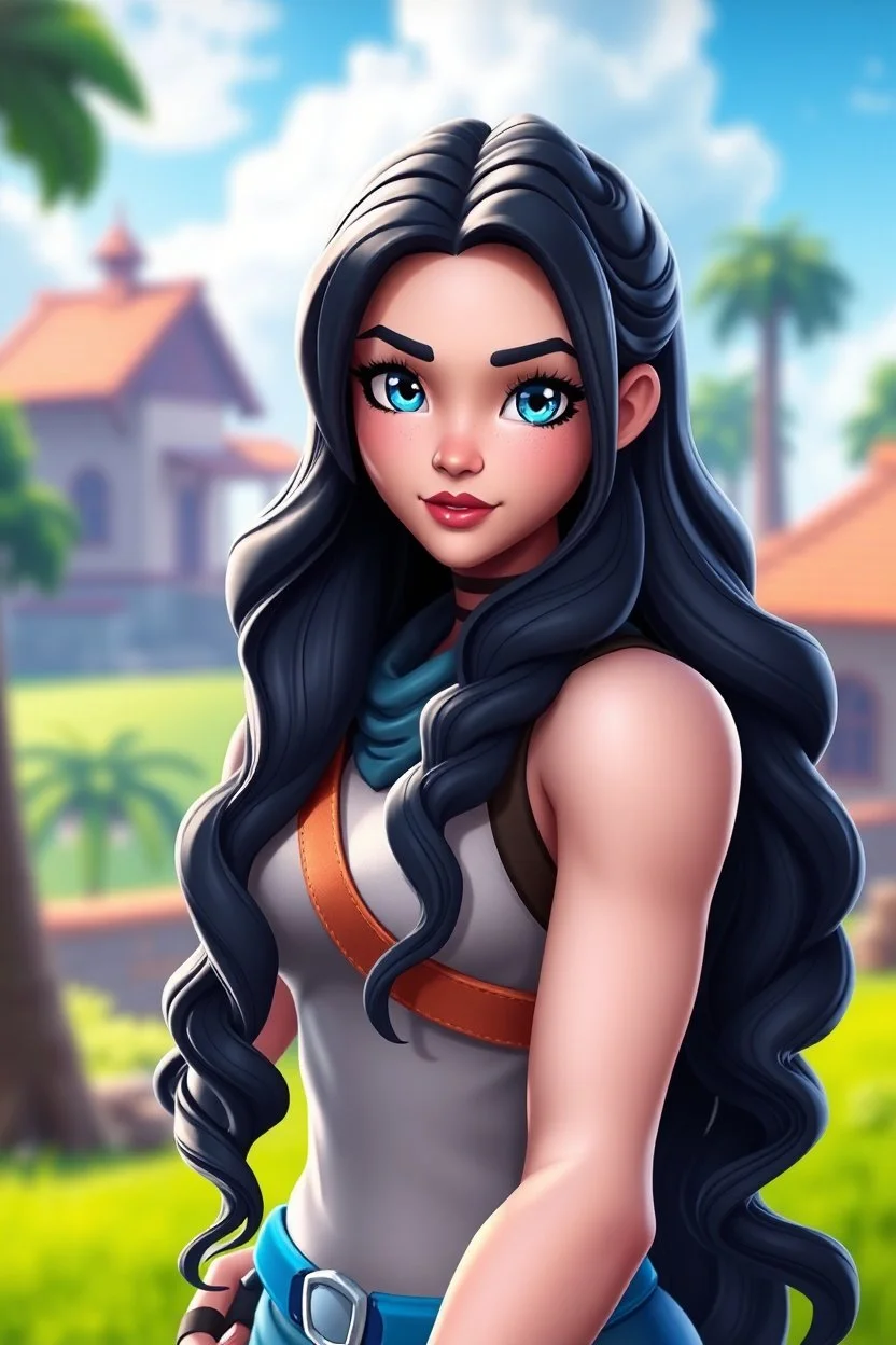 Beautiful; stunning; Blue eyes, long wavy black hair, porcelain skin character in fortnite (fortnite video game), (vivid), ((fortnite cartoon character)), fortnite animation, fortnite skin, (tilted towers fortnite map), full body shot, bright and dynamic coloring, (fortnite epic games)