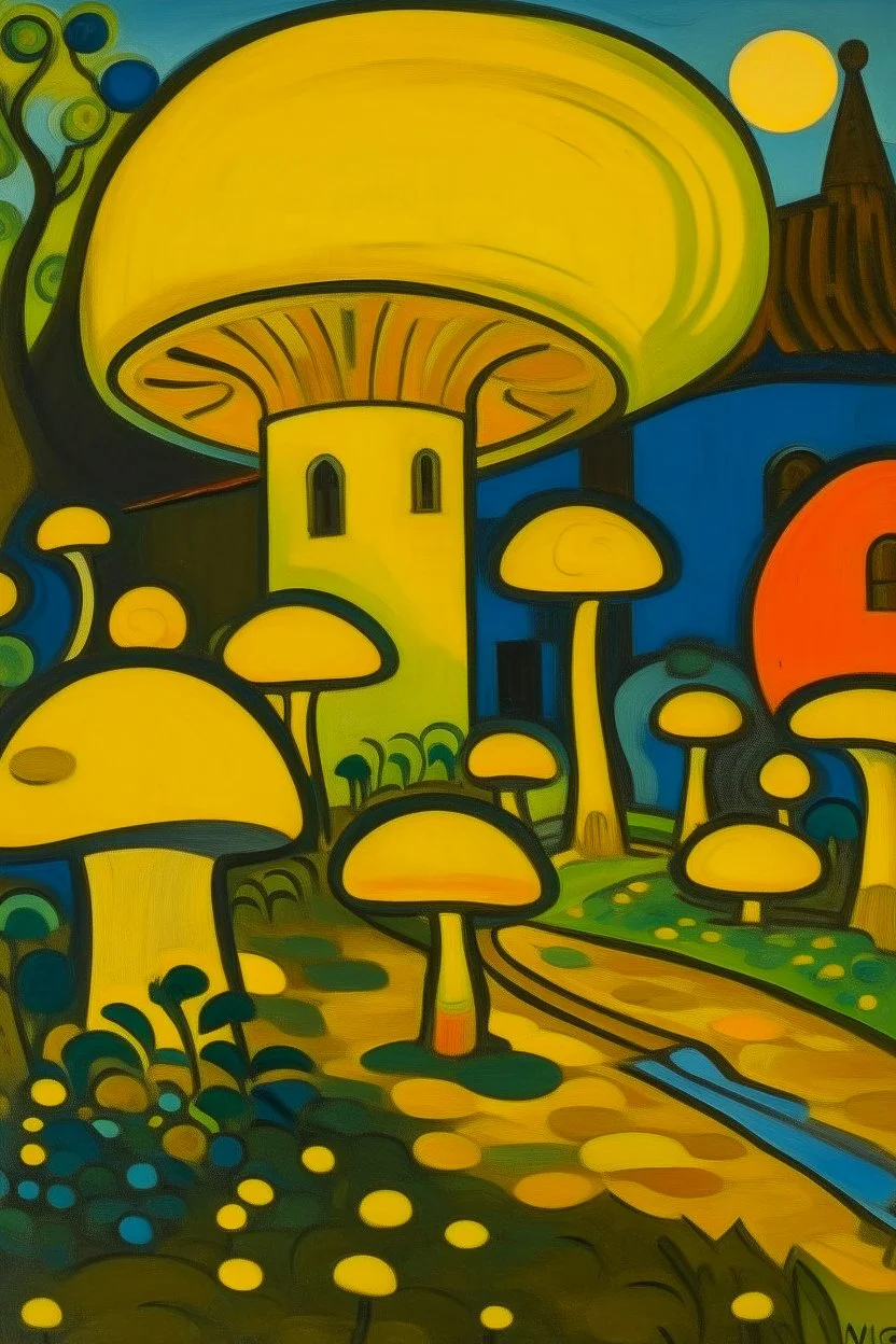 A yellow neighborhood with glowing mushrooms designed in African pottery painted by Alexej von Jawlensky