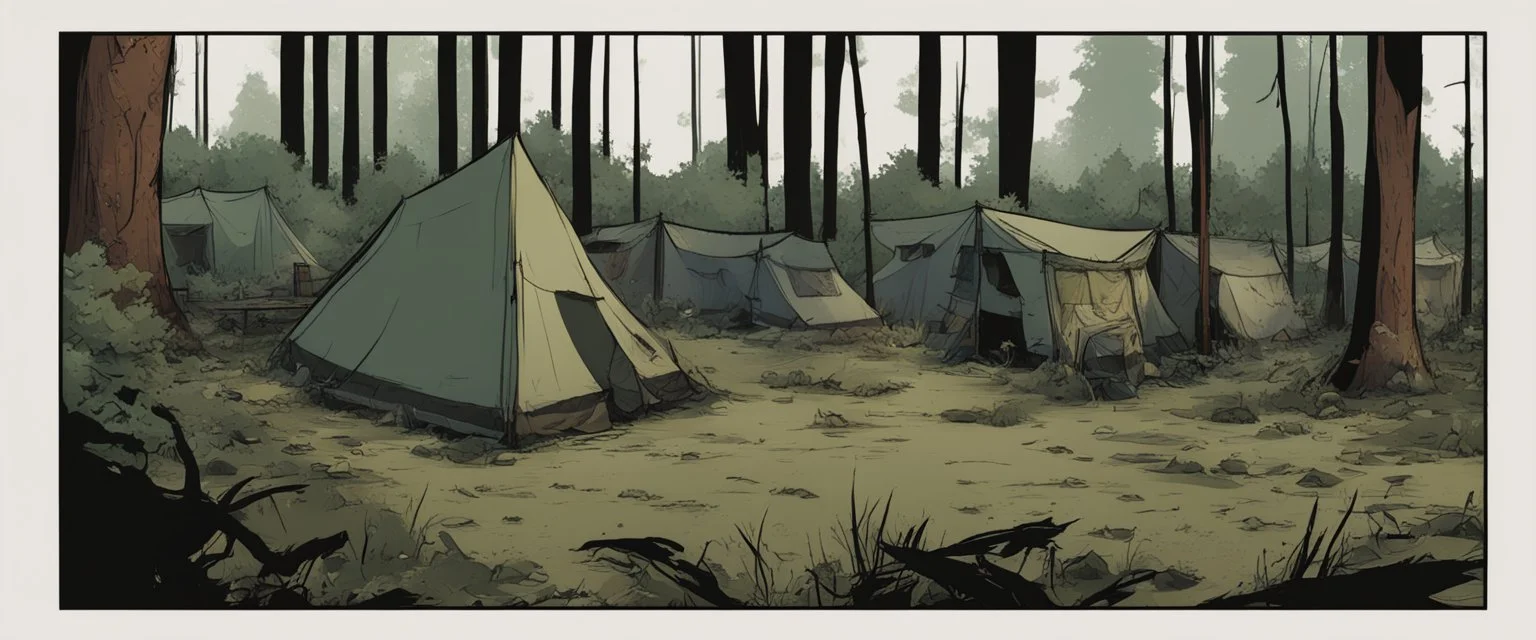 campsite, tents, overgrown, post-apocalyptic, comic book, forest, cinematic,