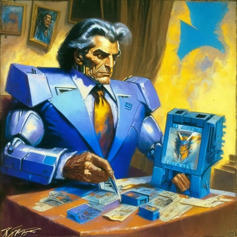 Vintage 1980 Transformer president of uruguay painting in magic the gathering style. Half man half machine!