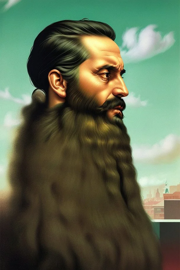 poetical, surreal minimalistic artwork, a 40 years old man with a huge beard filled with coloured musical notes, side light, side view, photorealistic, a painture in the style of Max Ernst, Renè Magritte,