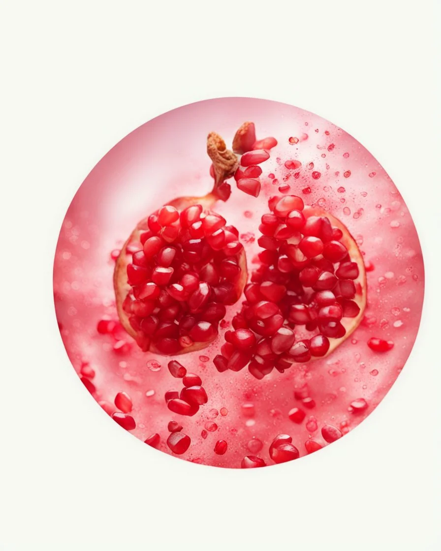 pomegranate seeds are scattered on a white background