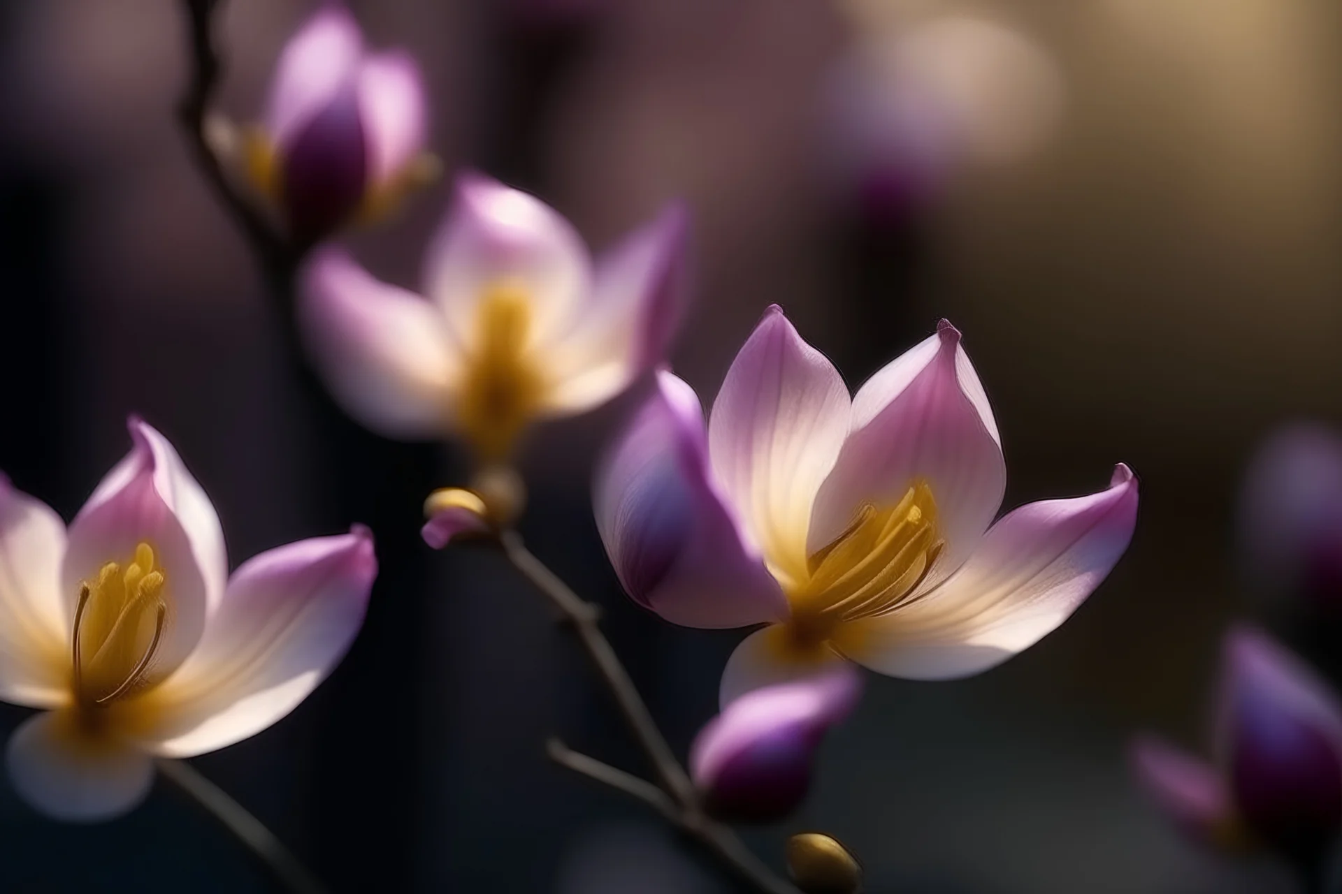 Half Tree Magnolia Flower Purple Light Translucent Layered Close-up Clear Distant Blur Poetic Photography Flat View Realistic 8K HDles fleurs de printemps, (violettes, jonquilles, narcisses, ) avec un fond de cascade