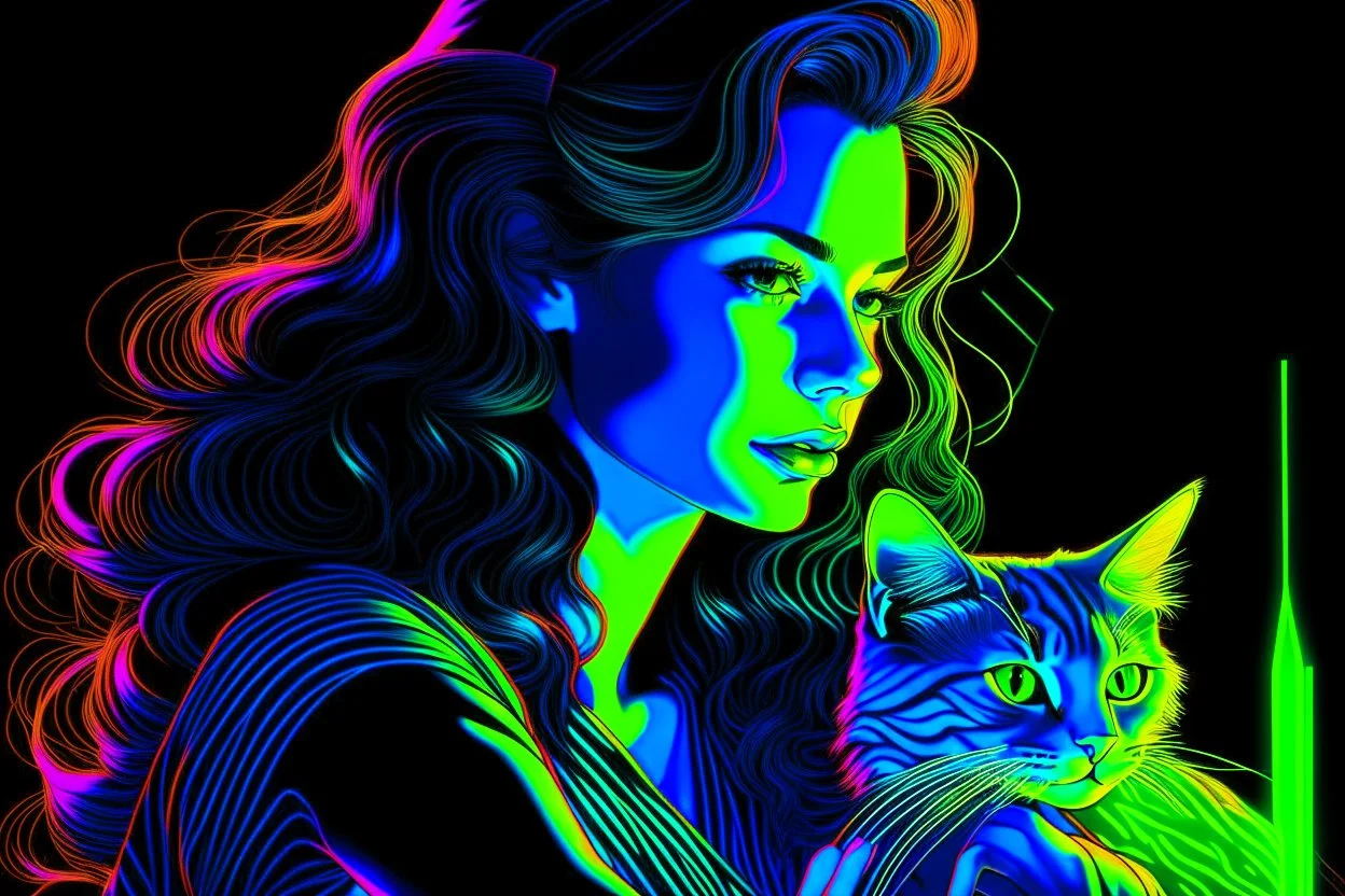 black light art, neon lines, contented brunette woman with fluffy kitten seeking something in the distance