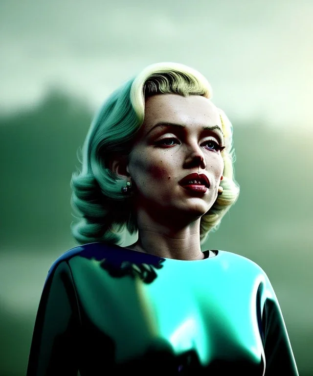 Ultra Realistic retro sci-fi scene, portrait, blonde woman, sweet young Marilyn Monroe face, perfect iris, tight latex coat, Strange planet background, Retro sci-fi style helmet, fog, rain, soft color, highly detailed, unreal engine 5, ray tracing, RTX, lumen lighting, ultra detail, volumetric lighting, 3d, finely drawn, high definition, high resolution.