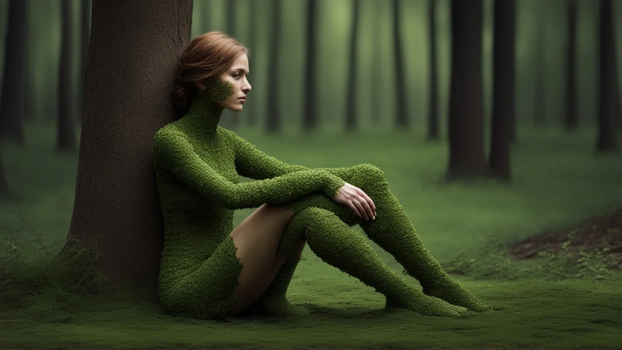 woman made of tiny green leaves, legs and arms made from branches, sitting next to a tree stump, in a green wood