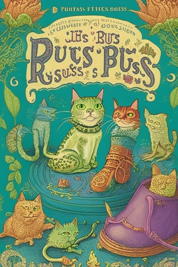 intricate book cover showing Puss in Boots, the Frog King, the Princess and the Pea, like a whimsical Terry Pratchett Discworld cover