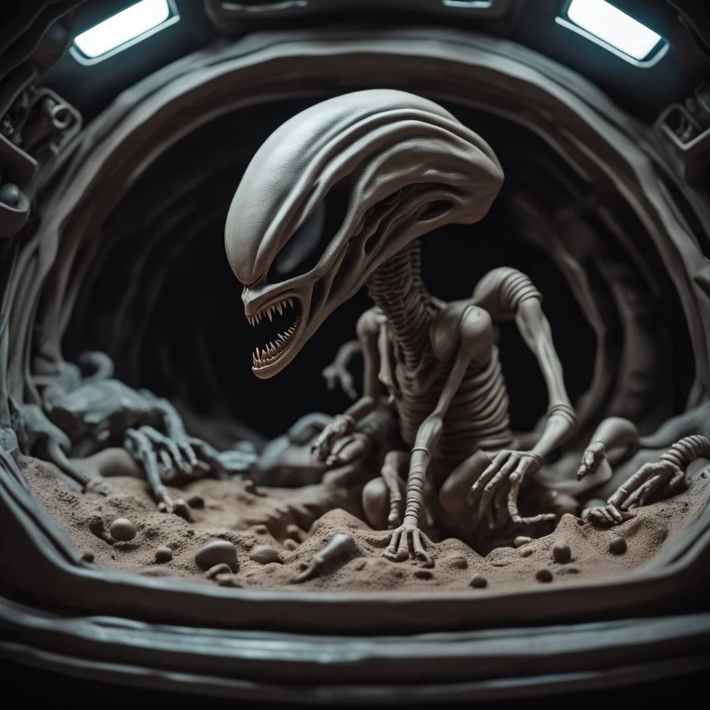 "CLAYMATION”, sinister clay xenomorph alien in a spaceship, creepy, dramatic, clay figures, clay scenery, clay sculpture, 16k resolution, claymation movie still, "Aliens" movie aesthetic, Studio Laika, wide-angle lens