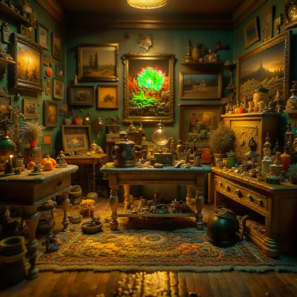 Diorama of old stuff in a room, sharp focus, 8k, 3d, very detailed, volumetric light, grim, fine art, very colorful, ornate, 35mm, F/2.8, insanely detailed and intricate, hypermaximalist, super detailed, decadent