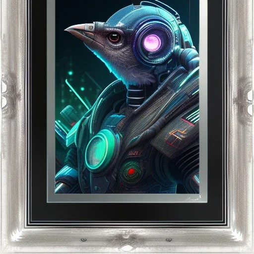 cyberpunk style ink small bird picture in detailed frame, big black eyes, unreal engine 5, 8k resolution, photorealistic, ultra detailed, frame extreme accurate