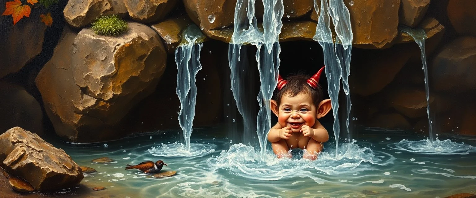 master oil painting by Rembrandt,cute blind trolls bading baby inside waterfall