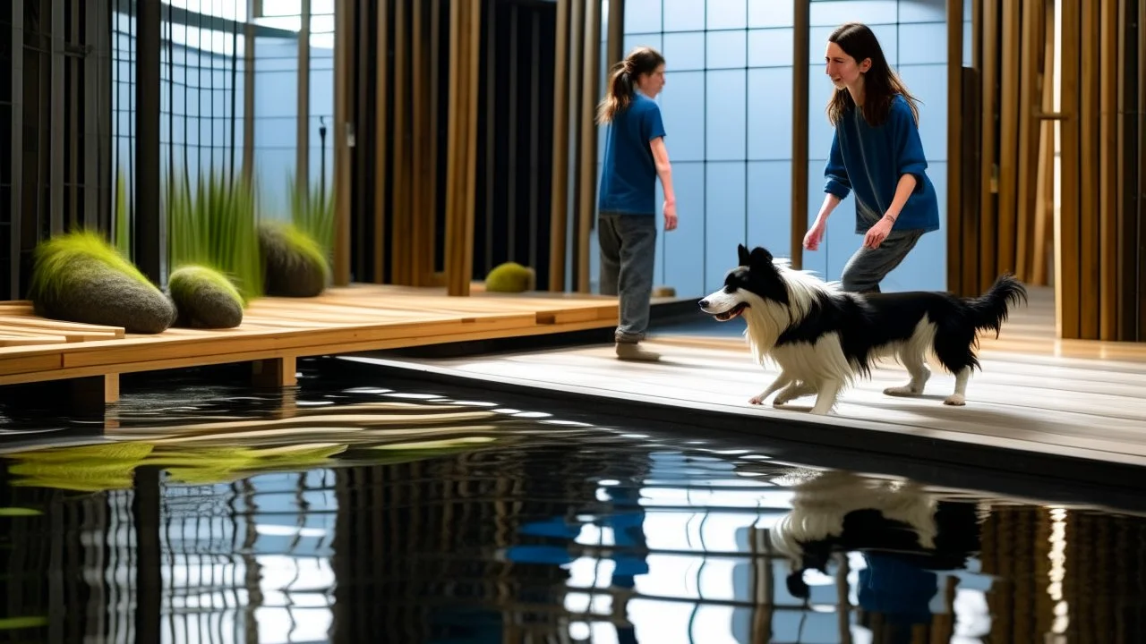 In an interior courtyard with water mirrors, the border collie jumped with agility between wooden platforms, while the woman followed him with a camera.