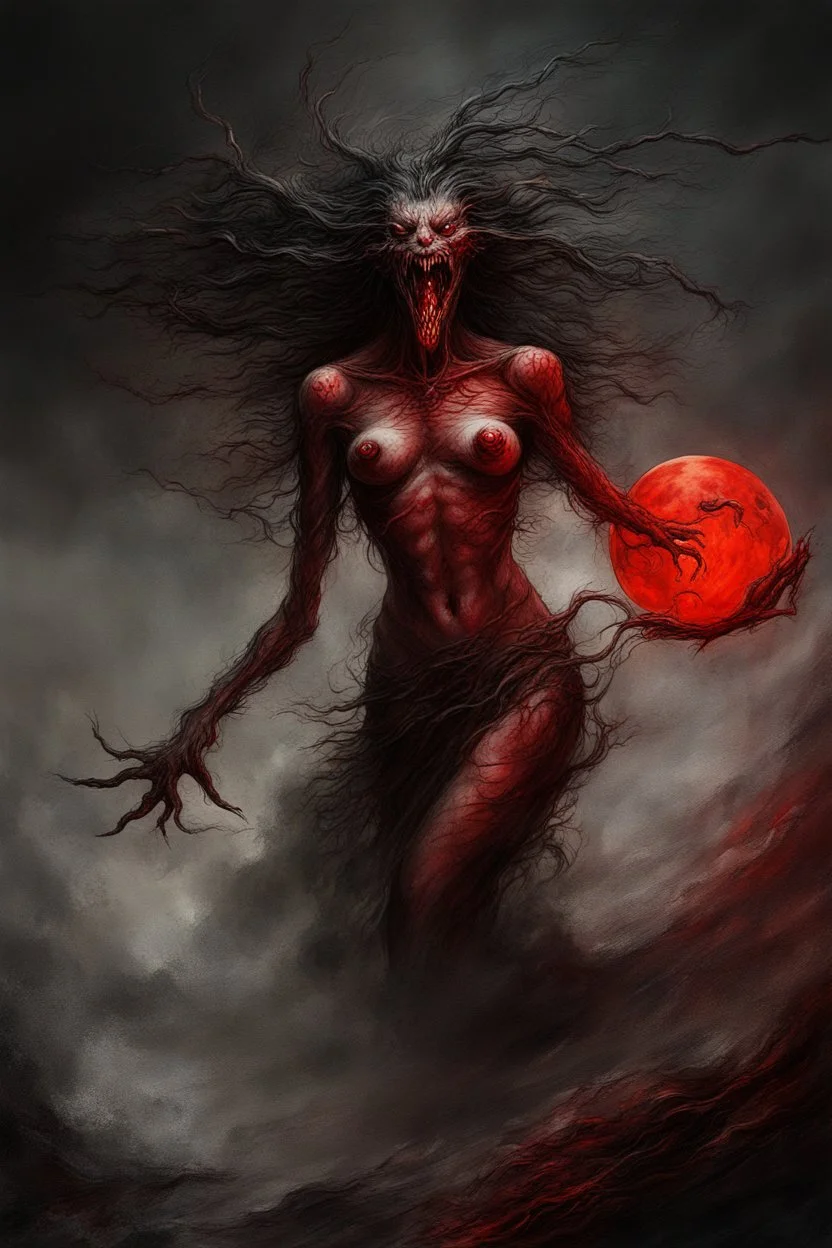 A dramatic digital painting portraying a horror monster under the Red Moon, veins pulsing, claws of temptation visible, soul in turmoil. In the style of Luis Royo and Boris Vallejo, vivid colors, swirling brushstrokes, highly detailed, 8k resolution, surrealistic., juicy emotions, painting, gloomy fantasy, gloomy day, dark world, portrait, oil and graphite, wide strokes, a weaving frame around, by Ryohei Hase, Agnes Cecile, Raymond Swanland, Anne Bachelier