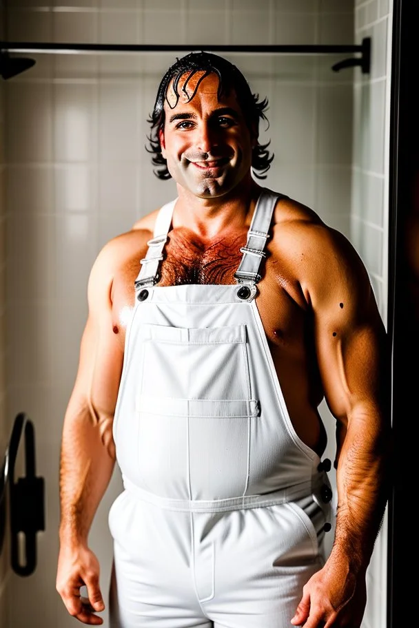 photography of a burly chubby italian plumber dressed with white overalls smiling under the shower 41 years old