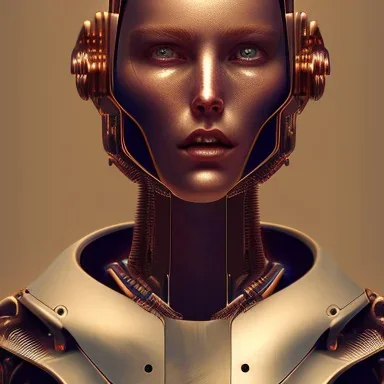 cyborg portret, high lights, rusted, diffuse lighting,polished, intricate,highly detailed, digital painting, illustration, concept art, horns,copper