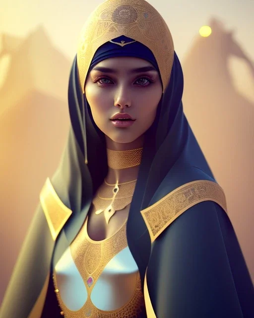 Arab young woman ,Arabic features، cute, beautiful, long hair, wavy hair, black eyes,A tuft of hair on the face,Arab cloak، head and shoulders portrait, cinematic, 8k, resolution concept art portrait by Greg Rutkowski, Artgerm, WLOP, Alphonse Mucha dynamic lighting hyperdetailed intricately detailed