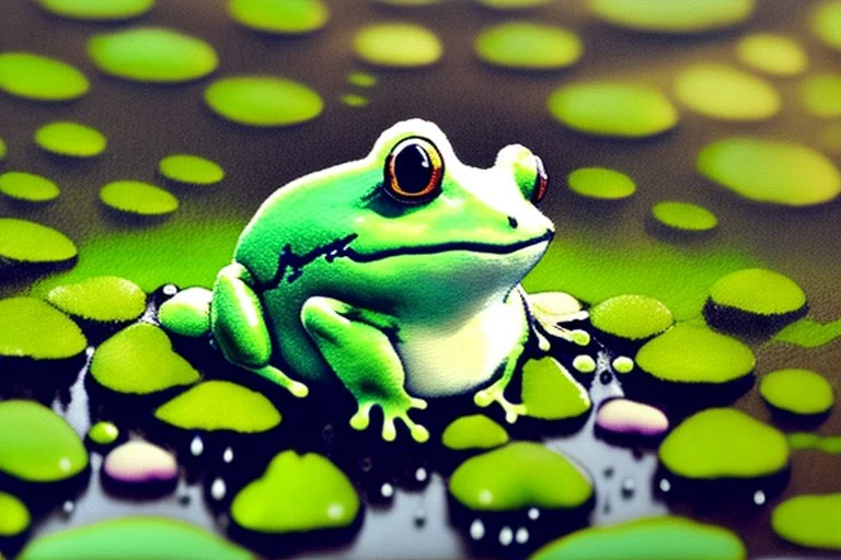 3D close-up of a very cute fluffy plushy chibi plush frog hiding from the rain under a spotted mushroom, puddles in front, grass and violets next to him, 3d effect melting watercolour on wet inked paper, black ink outline in sunshine, ethereal, cinematic postprocessing