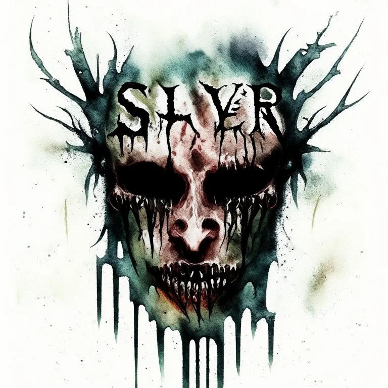 Text "SLAYER" in slayer font, death metal aesthetic watercolor, smooth macabre fantastical art, dead skin mask elude psychotic eyes, Lose all mind control rationale declines, corporeal eschatology, surreal, sinister, profound, dramatic, fantastical