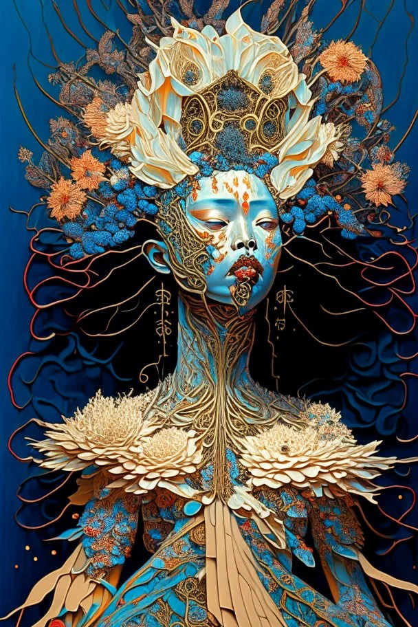 The surreal picture entitled "Queen of the damned" depicts an Ethereal woman wearing an intricately detailed gown made of quilling made of objects from nature who has flowers cascading down from the top of her head", hyper-detailed, constructivism, stunning, dynamic, Victo Ngai, Michelangelo, Dali