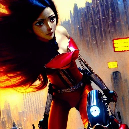 portrait beautiful face 'Adult Alita Riding Shotaro Kaneda's Bike',busty,ancient metal armor balanciaga fashion clothe painting by gaston bussiere, greg rutkowski, yoji shinkawa, yoshitaka amano, tsutomu nihei, donato giancola, tim hildebrandt, oil on canvas, cinematic composition, extreme detail,fit full head inside picture,16k