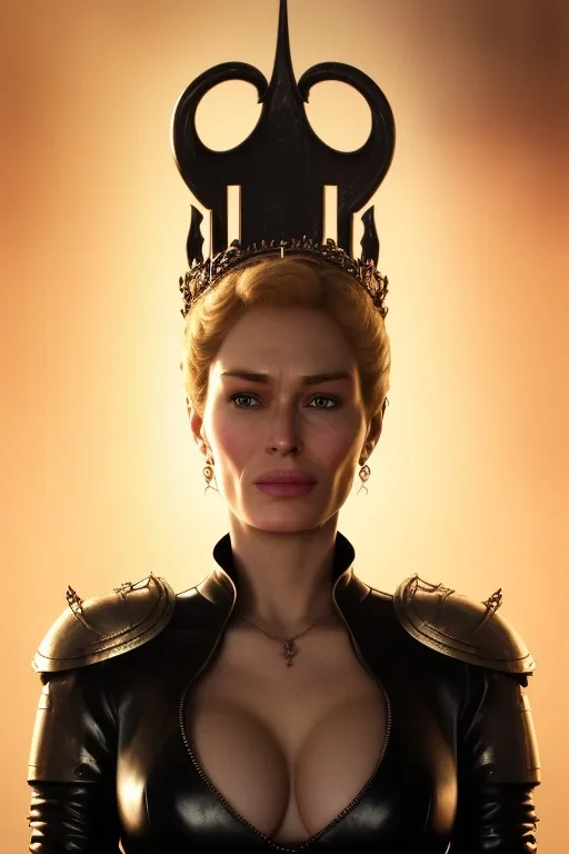 Cersei Lannister as evil queen in black leather, busty, cleavage, curvy, lena headay, angry, stern look. character design by cory loftis, fenghua zhong, ryohei hase, ismail inceoglu and ruan jia. unreal engine 5, artistic lighting, highly detailed, photorealistic, fantasy