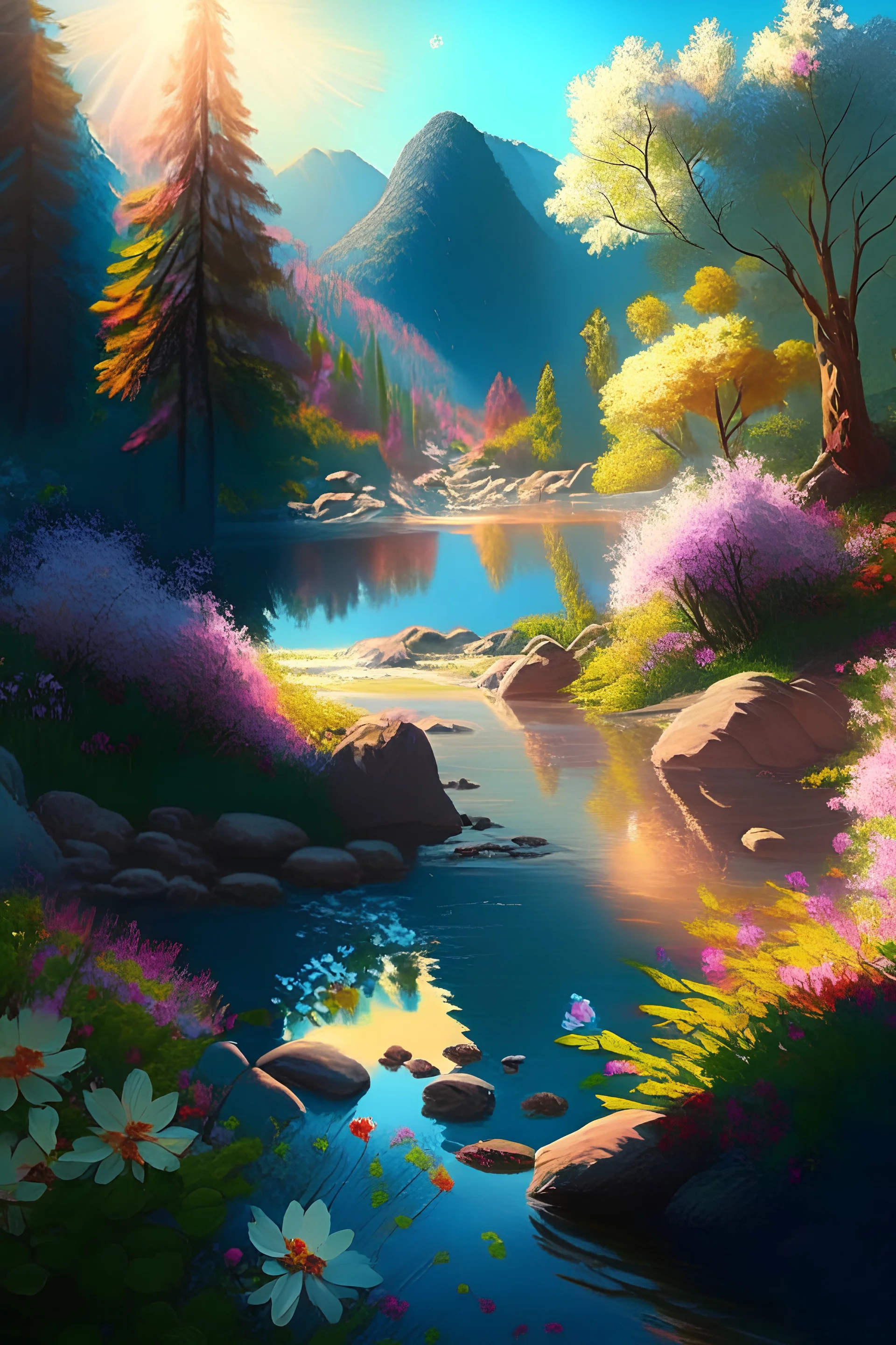 full light,highlight, trees, river, day, sun day, an idyliic forest with bright colorful flowers, mountains, sun,flower, a small river, paradise