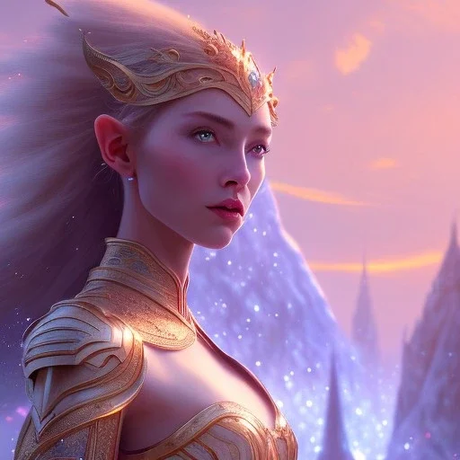 landscape, city of the elves, beautiful single woman,rose, gold, very blue sky, crystal domes, glistening oiled shiny, intricate, Exquisite details and textures, highly detailed, digital painting, artstation, concept art, sharp focus, nature background, illustration, 8k, by stability ai, nvidia