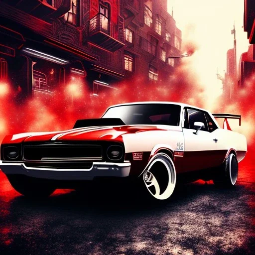 spray paint art, long shiny flat red and white muscle car in motion, man in suit with big machine guns and great style,bullets flying, evening, seen from balcony, dirty city alley, heist action, book cover