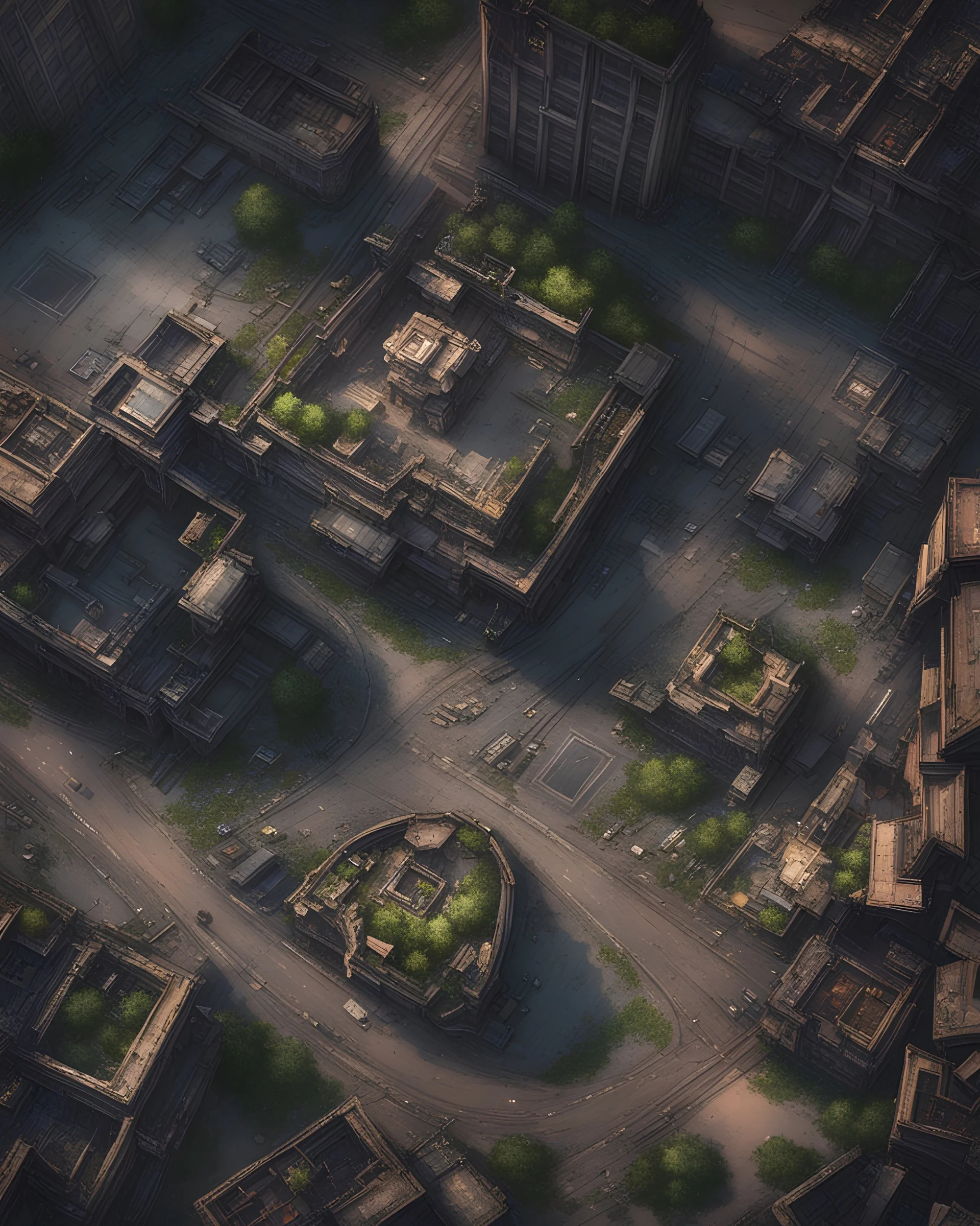 Birds Eye View, Top to Down. A Corrupted Ruined City. Broken Buildings, Empty Cars, Old Highways, Night Time.