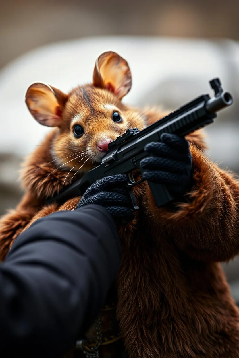 A mouse warring a black coat humanoid, dressed brown fur coat, holding a machine gun hands up