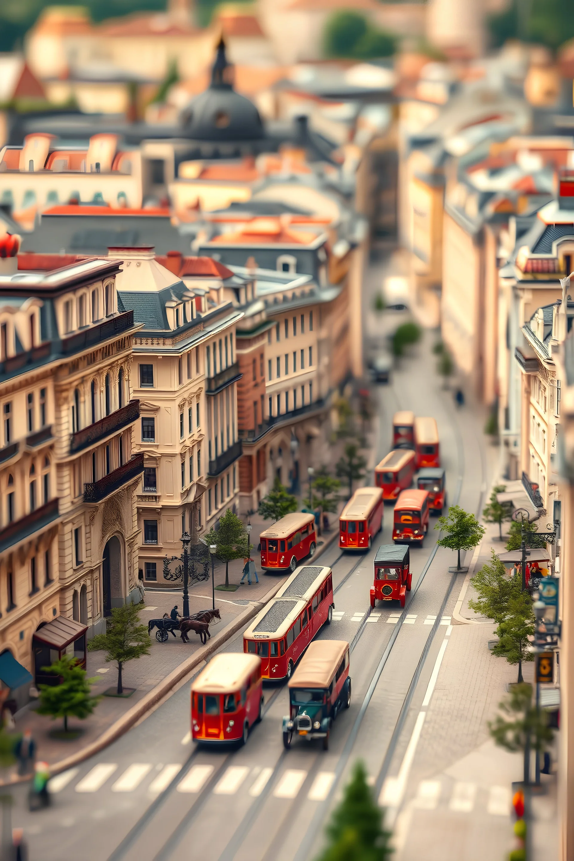 diorama style birds-eye view with tilt shift effect of historic old town of the 1910s European city that looks like SimCity version of Vienna. There should be toy-like trams and old toy cars and horse-drawn carriages on streets. Everything should look old and luxurious.