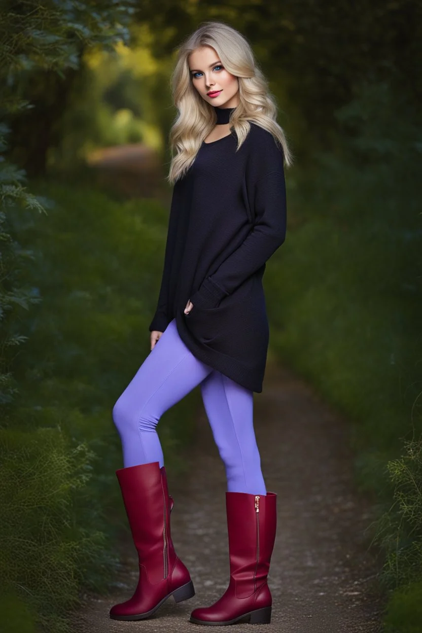 beautiful 18 year old girl with ash blonde hair and blue eyes with her curvy hair down, wearing a long-sleeved woollen top, and lilac long leggings, with long red boots full body shot